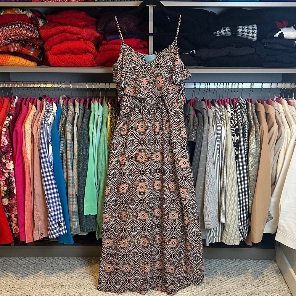 Skies Are Blue coral/tan/black print adjustable strap maxi dress size S